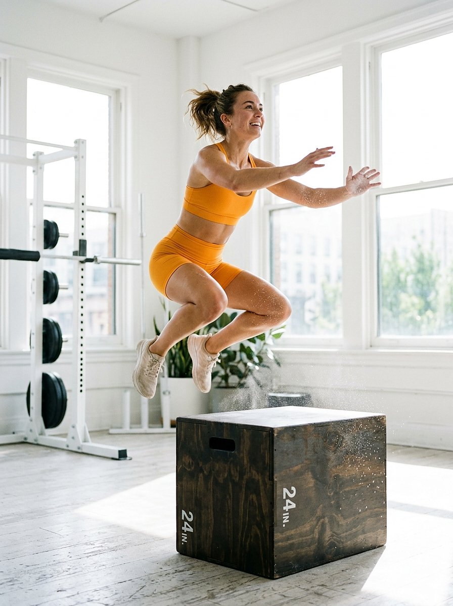Athlete in amber activewear mid box jump