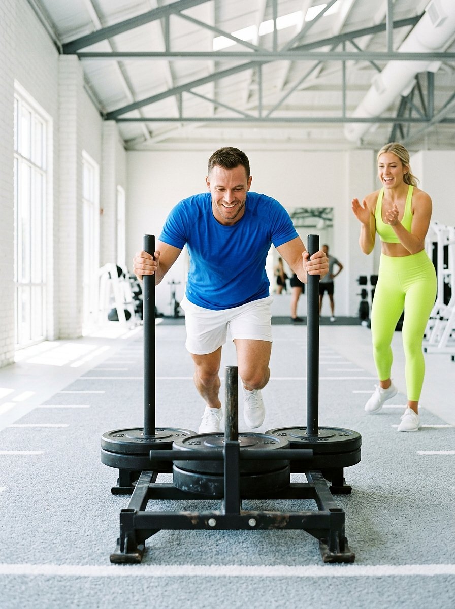 Athlete in cobalt tee driving a weighted sled